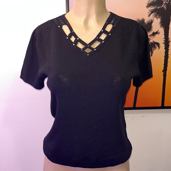 Finite Sweaters - LAST CHANCE! Embellished Neckline Black V Neck Knit Top Size L
